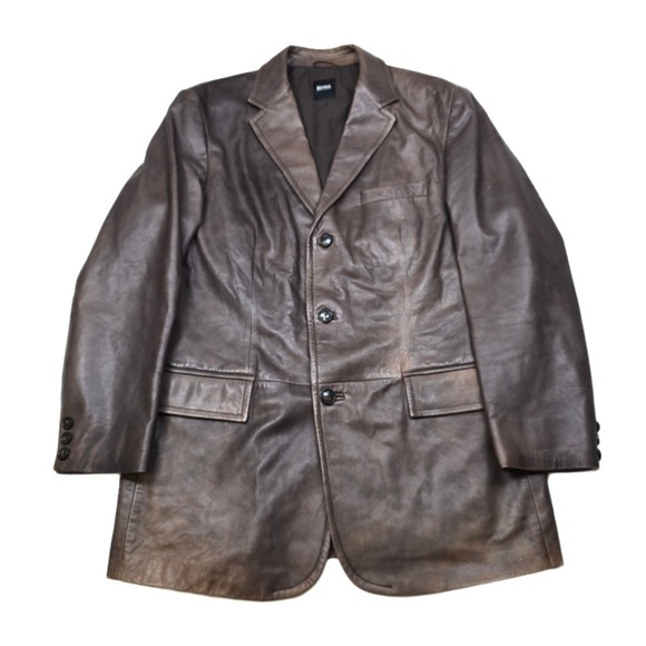 Hugo Boss Other - Hugo Boss Leather Blazer Jacket Mens XL 46R Brown Lamb Leather Soft! Distressed